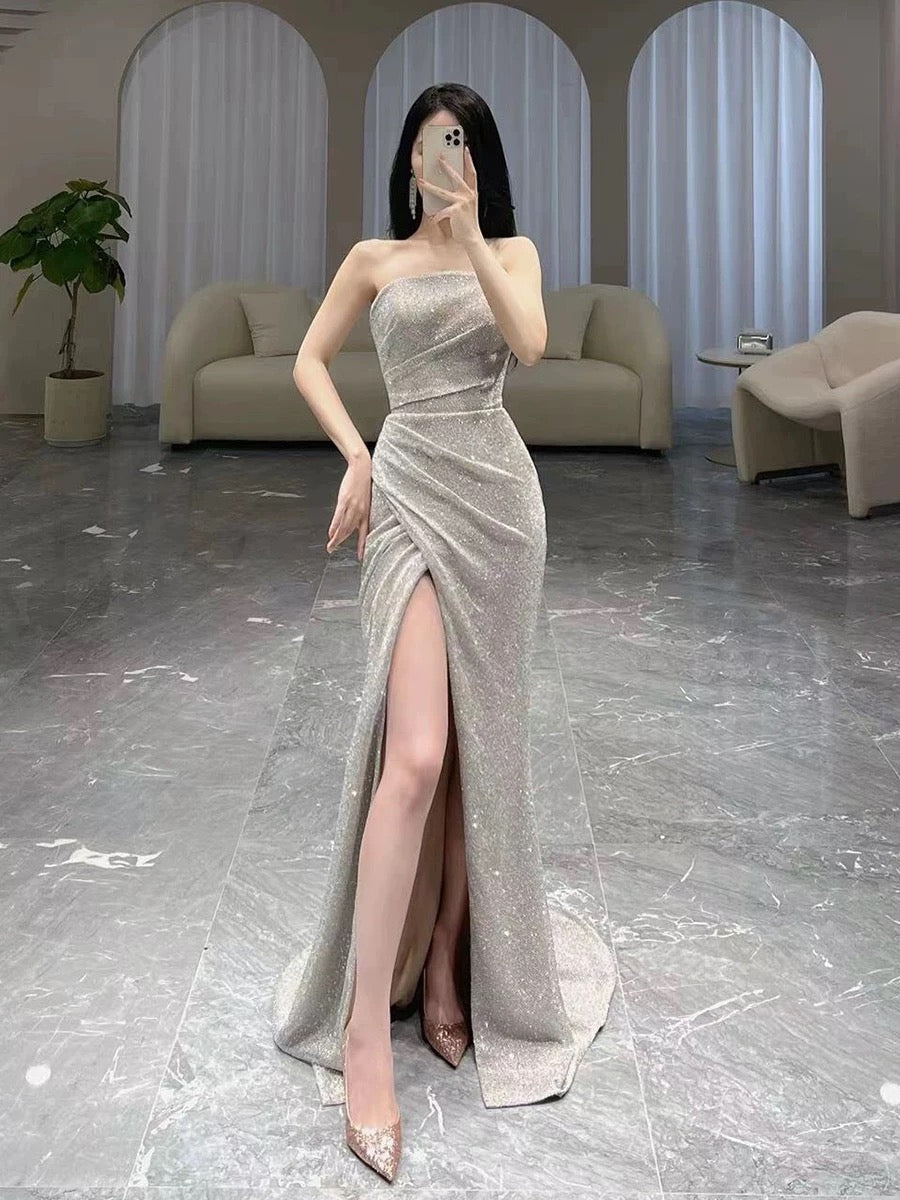 Classy Mermaid Strapless Sequin Evening Dress Long Prom Dresses H2886