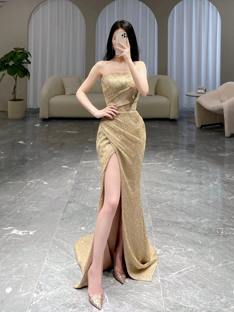 Classy Mermaid Strapless Sequin Evening Dress Long Prom Dresses H2886