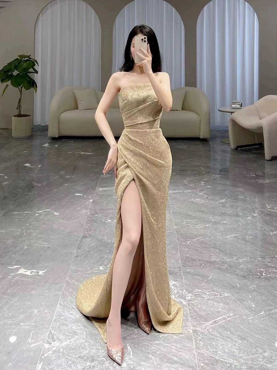Classy Mermaid Strapless Sequin Evening Dress Long Prom Dresses H2886