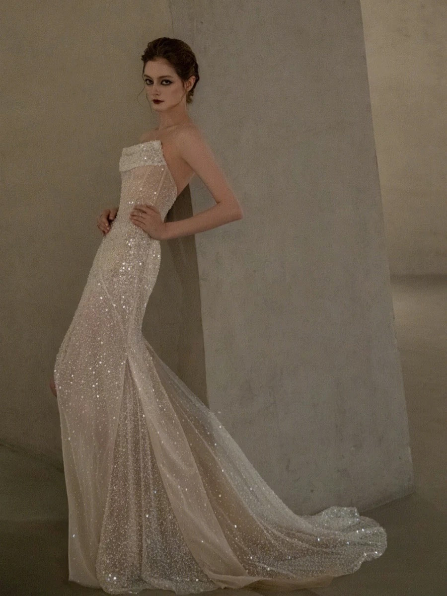 Classy Mermaid Strapless White Sequin Slit Evening Dress Long Prom Dresses H2887