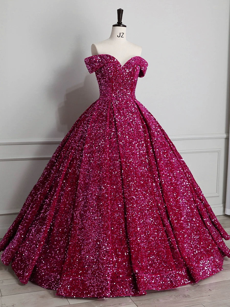 Classy Ball Gown Off The Shoulder Blue Sequin Evening Dress Long Prom Dresses H2889