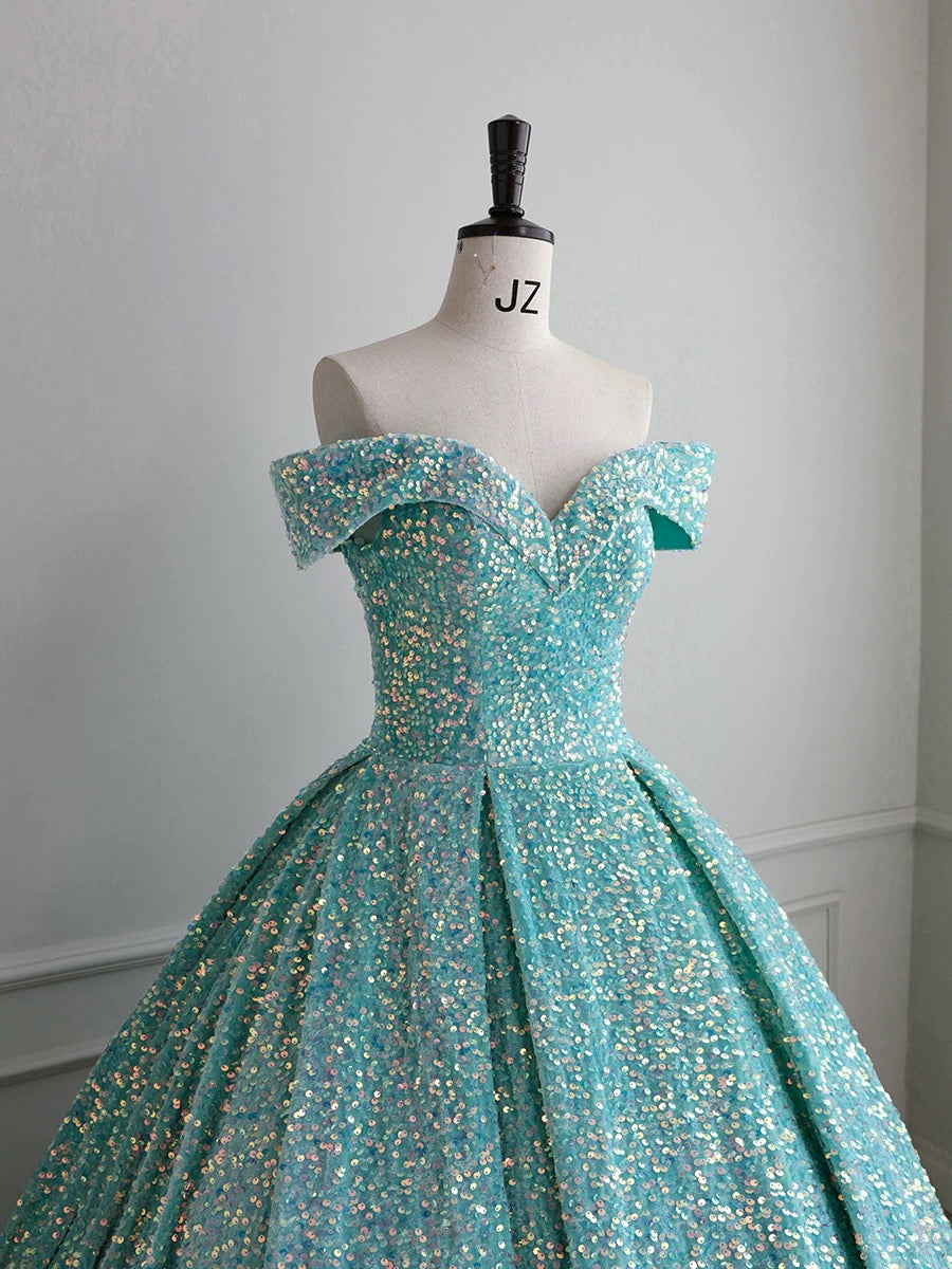 Classy Ball Gown Off The Shoulder Blue Sequin Evening Dress Long Prom Dresses H2889