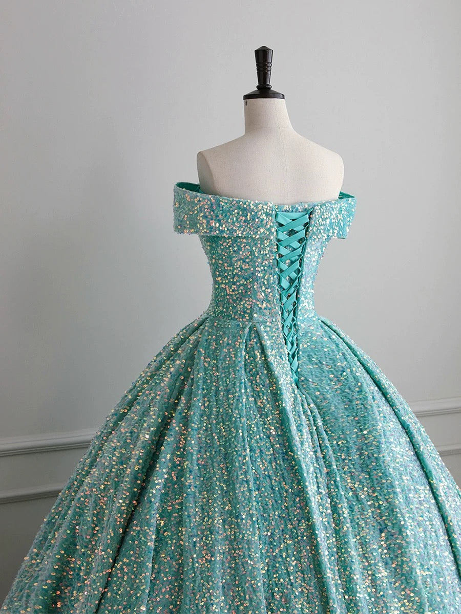 Classy Ball Gown Off The Shoulder Blue Sequin Evening Dress Long Prom Dresses H2889