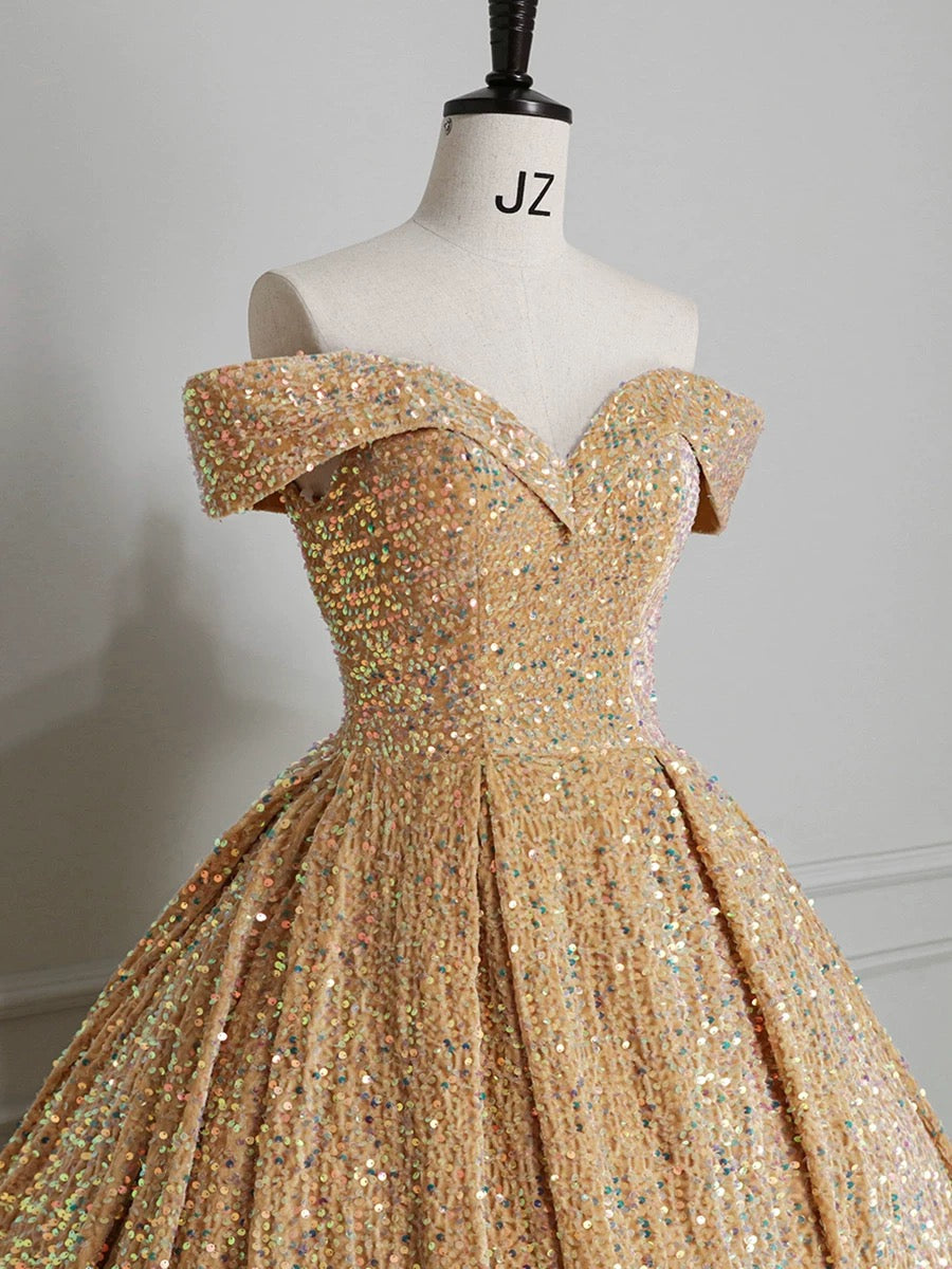 Classy Ball Gown Off The Shoulder Blue Sequin Evening Dress Long Prom Dresses H2889