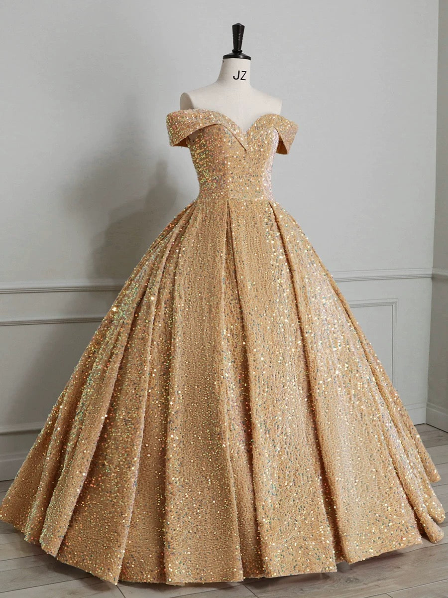 Classy Ball Gown Off The Shoulder Blue Sequin Evening Dress Long Prom Dresses H2889