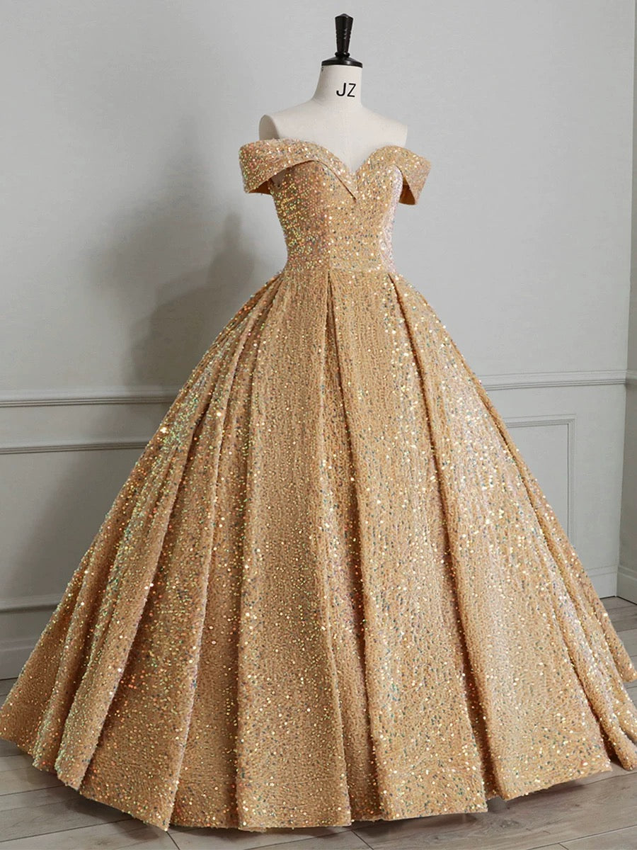 Classy Ball Gown Off The Shoulder Blue Sequin Evening Dress Long Prom Dresses H2889