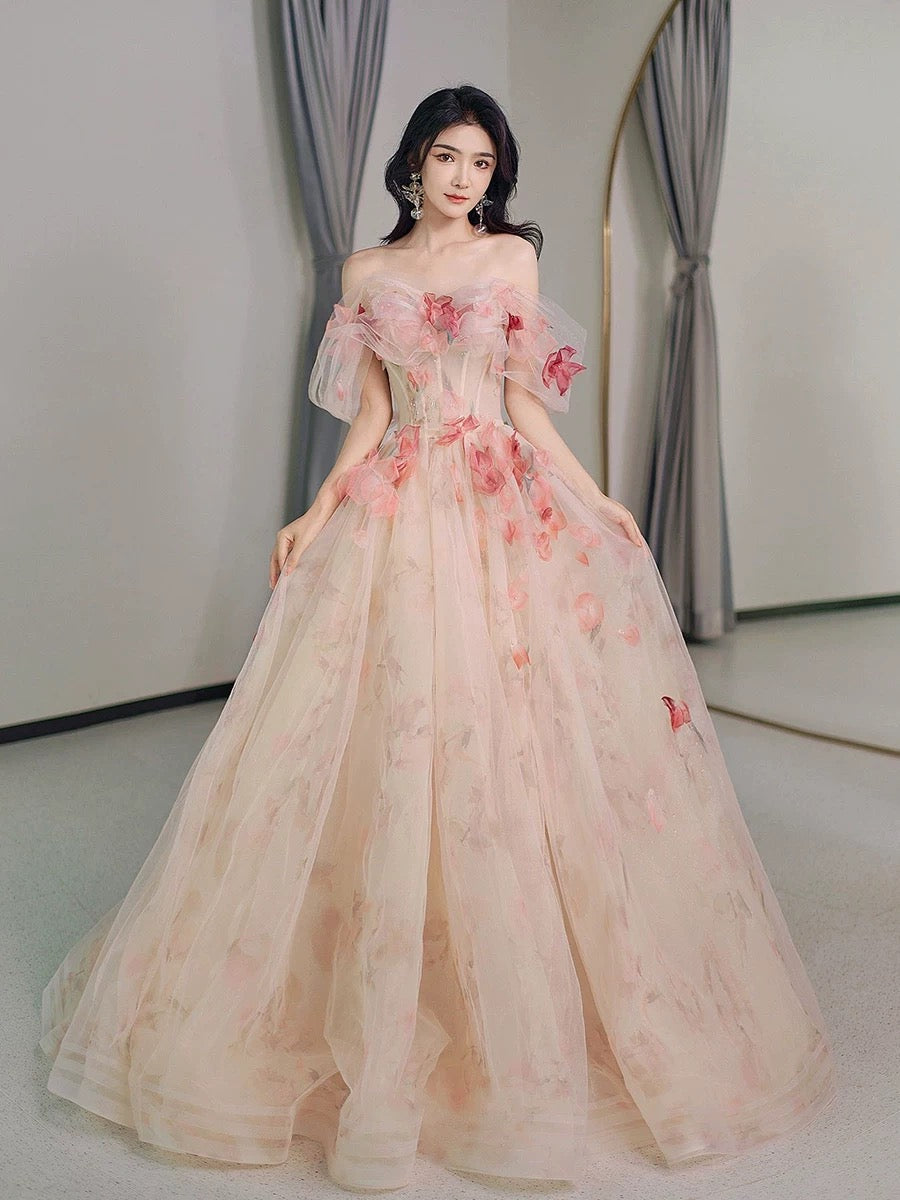 Robe de bal élégante et chic, coupe trapèze, épaules dénudées, en tulle rose, manches courtes, H2890