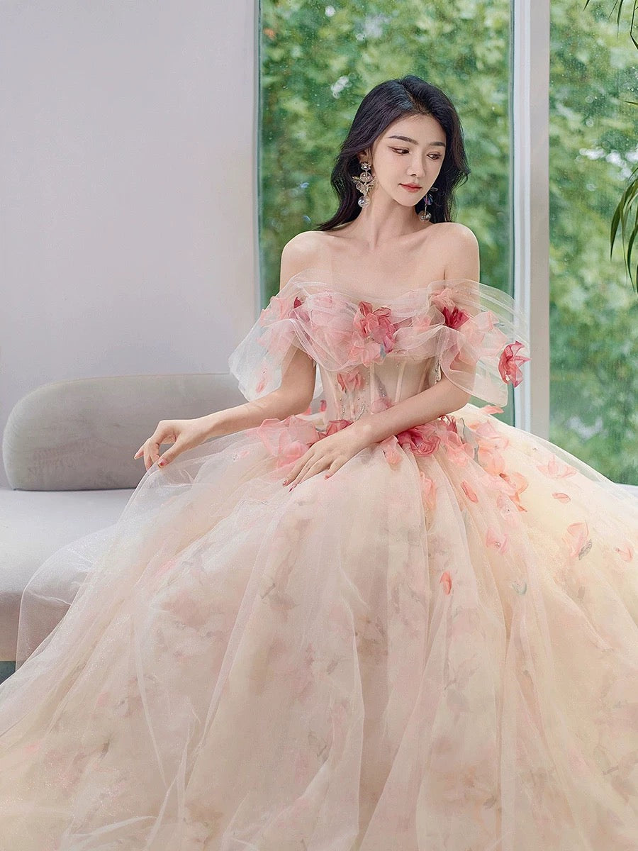 Robe de bal élégante et chic, coupe trapèze, épaules dénudées, en tulle rose, manches courtes, H2890