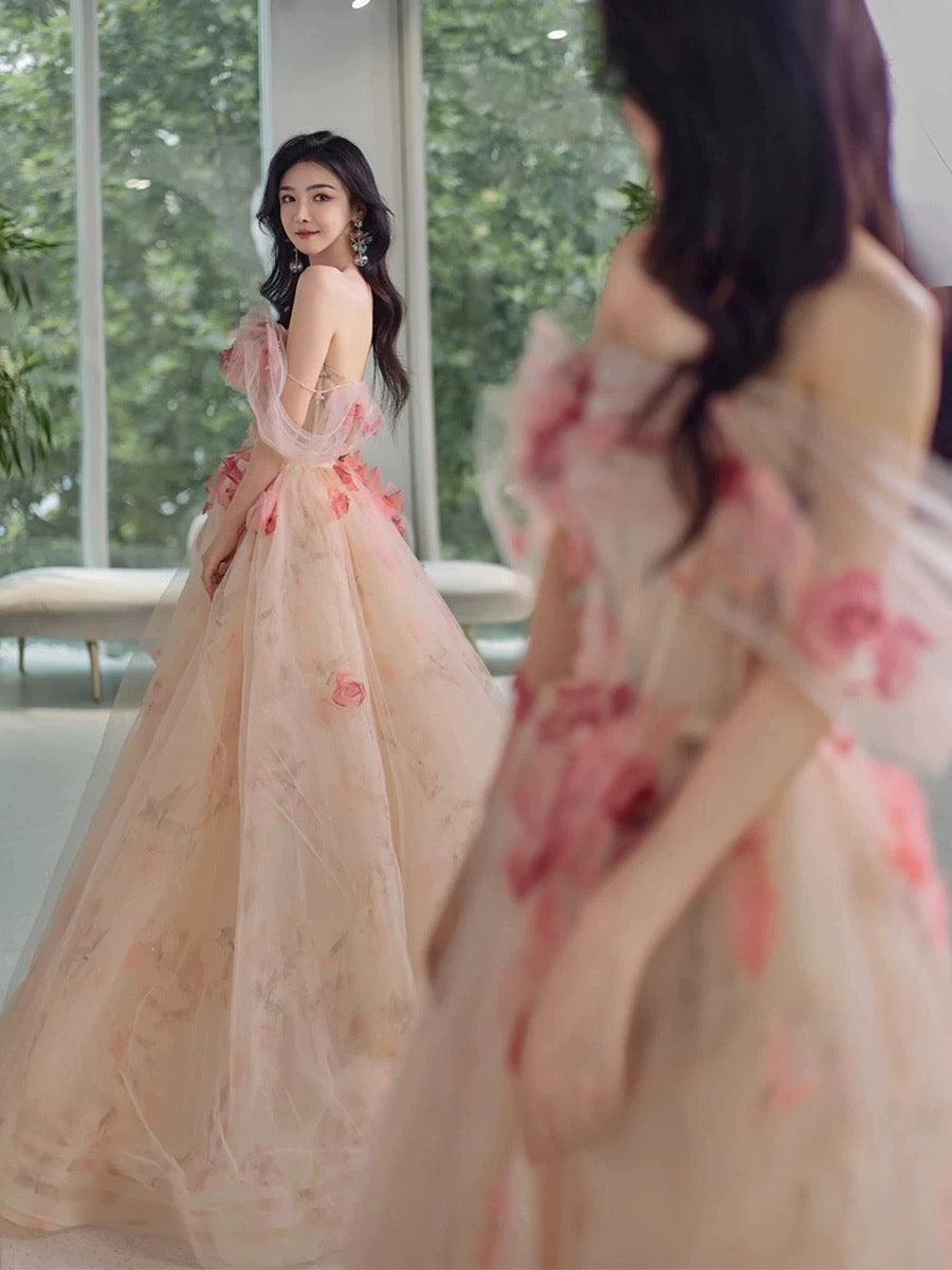 Robe de bal élégante et chic, coupe trapèze, épaules dénudées, en tulle rose, manches courtes, H2890
