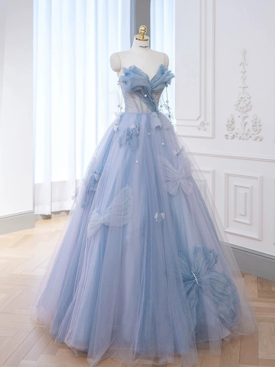 Robe de bal élégante et chic, décolleté en cœur, en tulle bleu, à fleurs, H2891