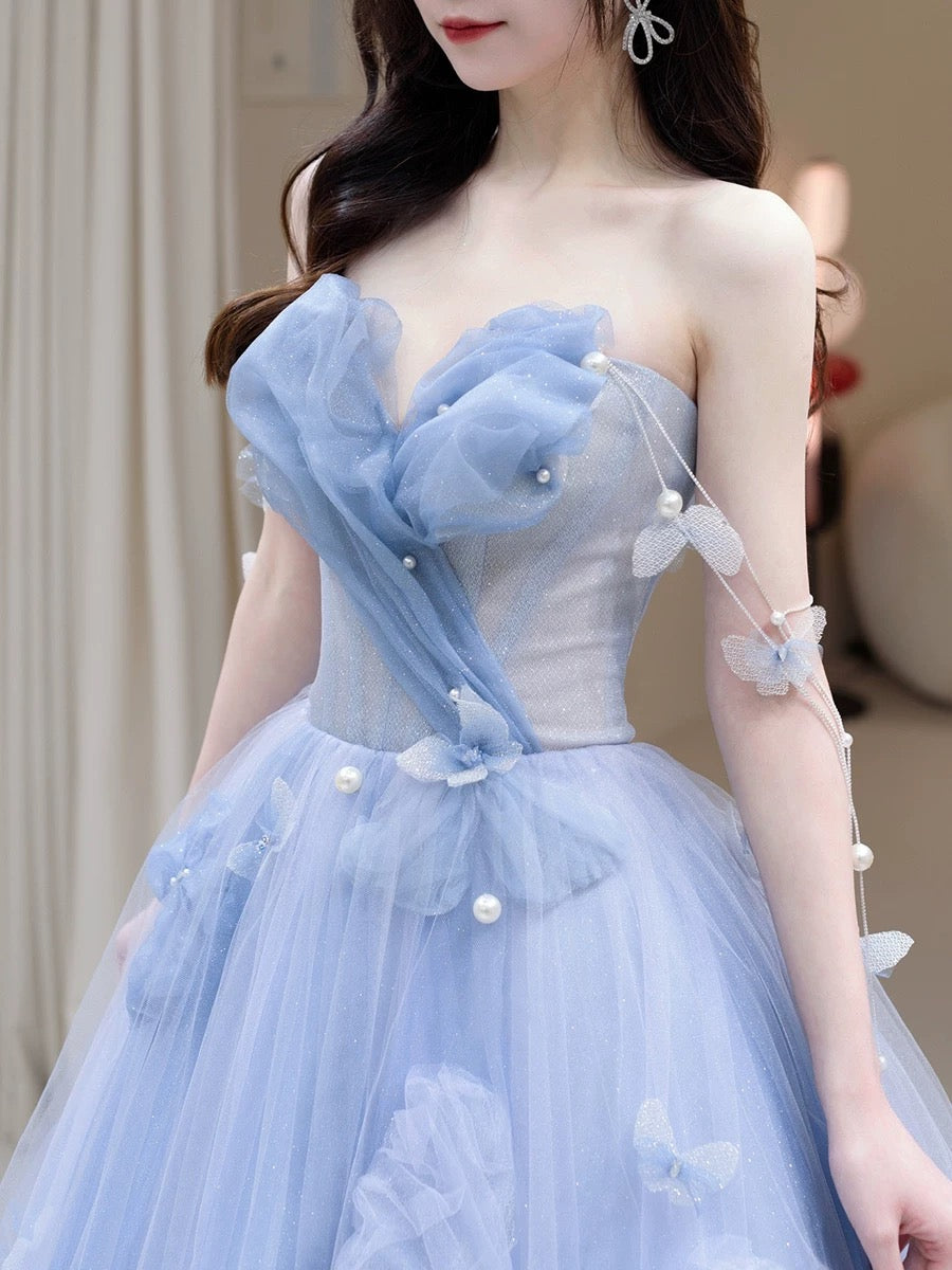 Robe de bal élégante et chic, décolleté en cœur, en tulle bleu, à fleurs, H2891
