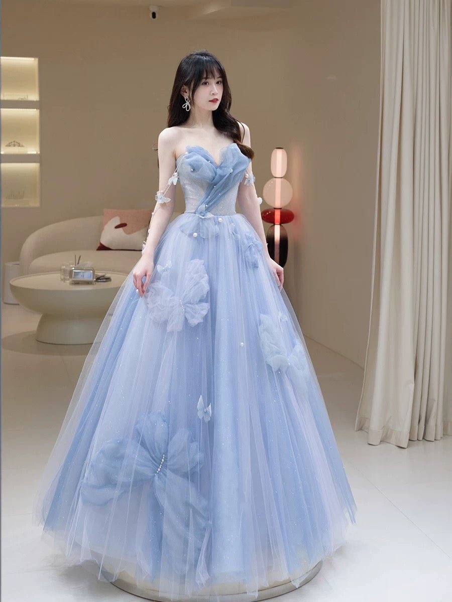 Robe de bal élégante et chic, décolleté en cœur, en tulle bleu, à fleurs, H2891