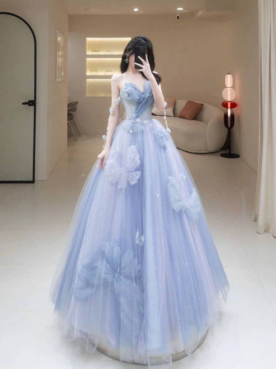 Robe de bal élégante et chic, décolleté en cœur, en tulle bleu, à fleurs, H2891