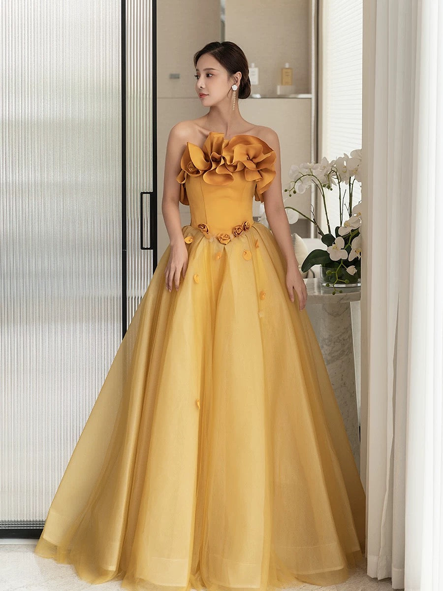 Classy Elegant Ball Gown Strapless Yellow Sleeveless Tulle Long Prom Dresses H2893