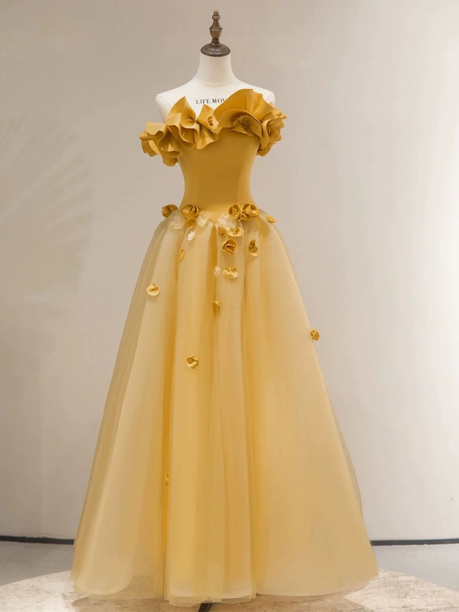Classy Elegant Ball Gown Strapless Yellow Sleeveless Tulle Long Prom Dresses H2893