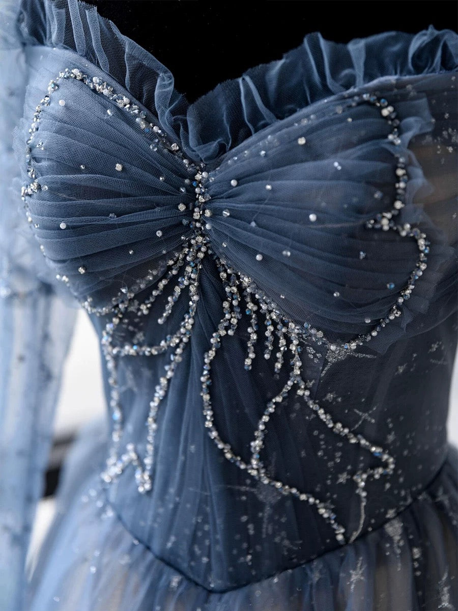 Classy A Line Sweetheart Long Sleeves Blue Sequin Evening Dress Long Prom Dresses H2896