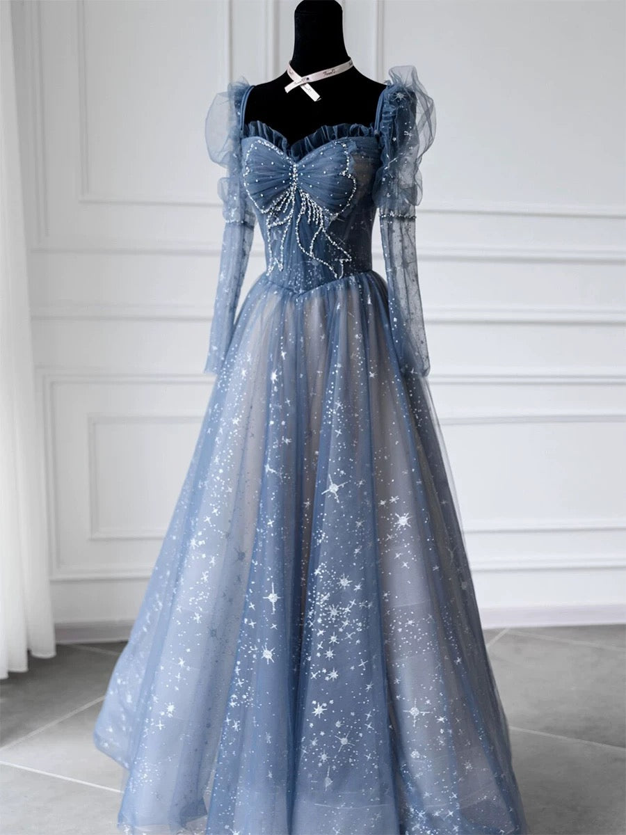 Classy A Line Sweetheart Long Sleeves Blue Sequin Evening Dress Long Prom Dresses H2896