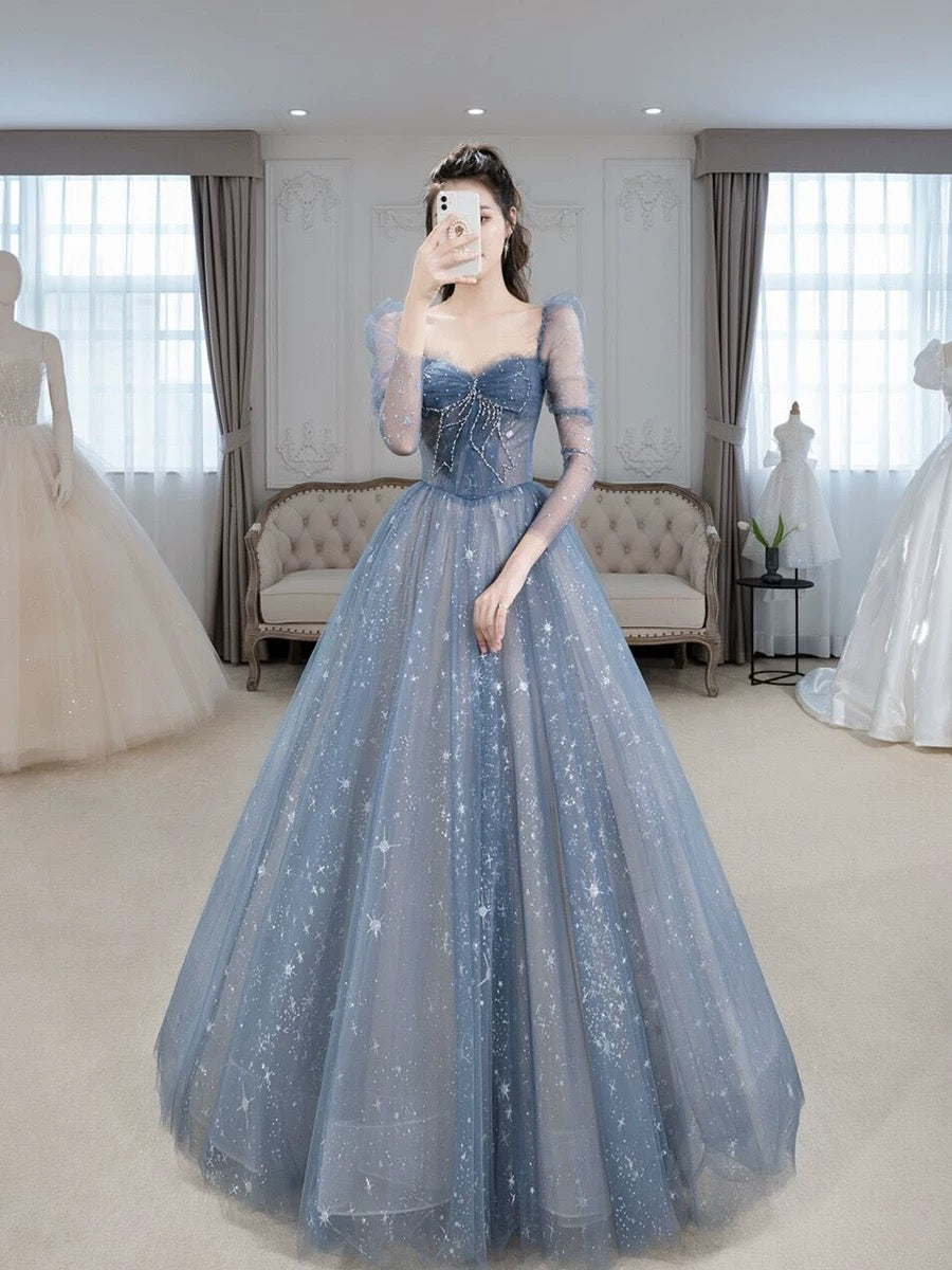 Classy A Line Sweetheart Long Sleeves Blue Sequin Evening Dress Long Prom Dresses H2896