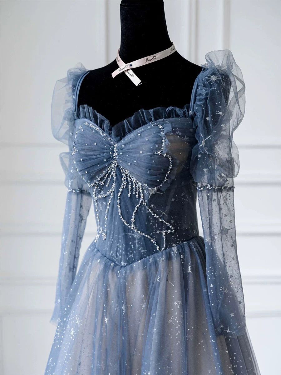 Classy A Line Sweetheart Long Sleeves Blue Sequin Evening Dress Long Prom Dresses H2896