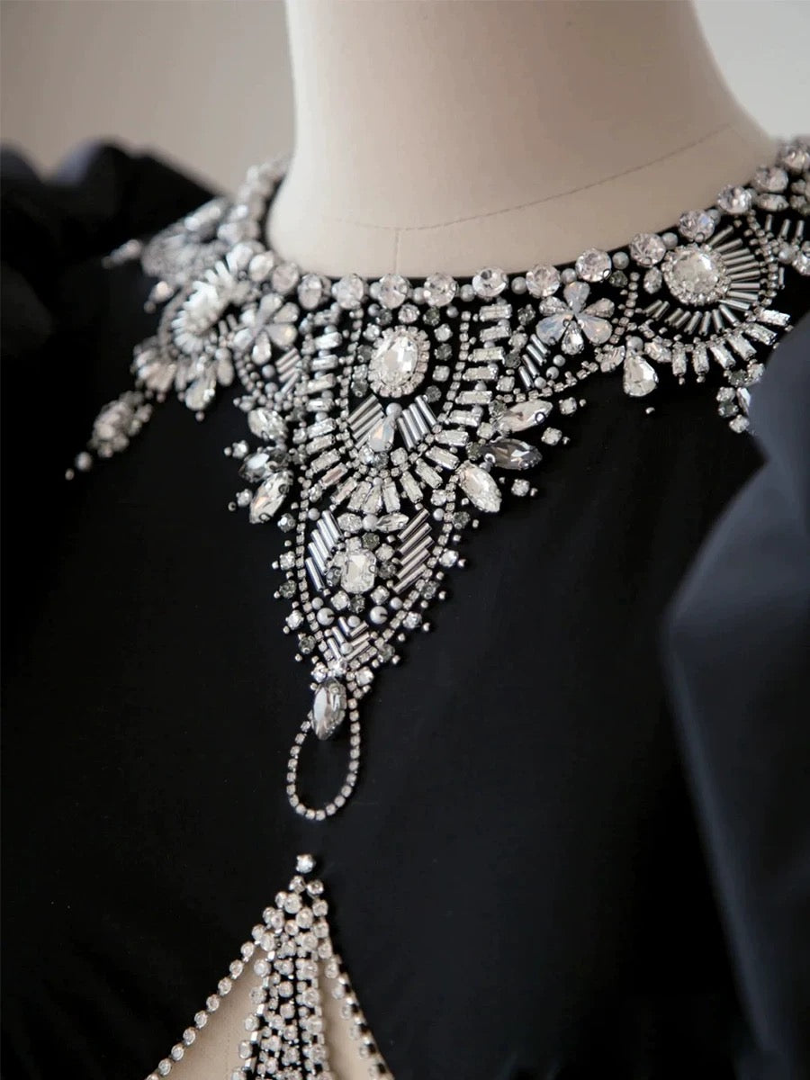 Classy Elegant Ball Gown Short Sleeves Beads Black Satin Long Prom Dresses H2899