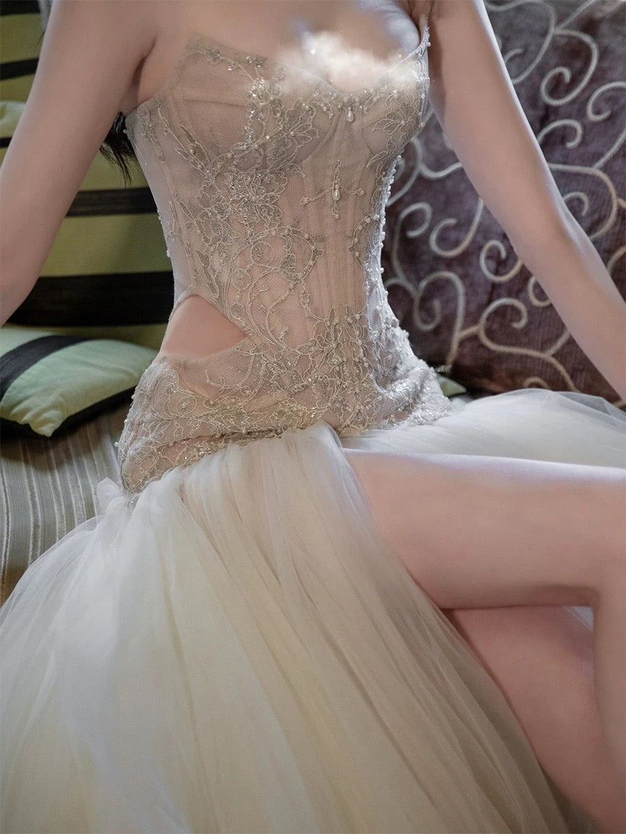 Classy Mermaid Sweetheart Long Tulle Beads Sequin Evening Dress Long Prom Dresses H2900