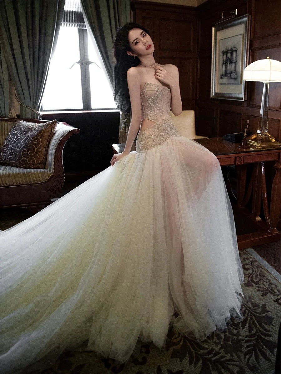 Classy Mermaid Sweetheart Long Tulle Beads Sequin Evening Dress Long Prom Dresses H2900