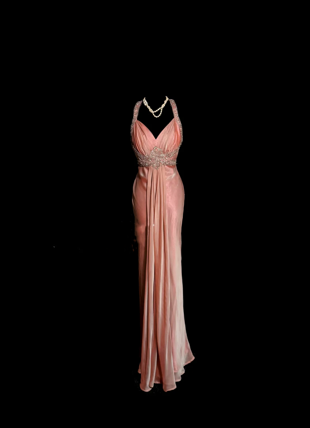 Robe de soirée longue élégante à col licou et perles roses, coupe trapèze, H2956