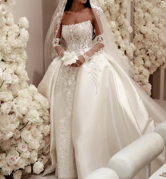Modest Wedding Dress Ball Gown Strapless White Satin Long Wedding Dresses Brides Dress Bridal Gowns W0104
