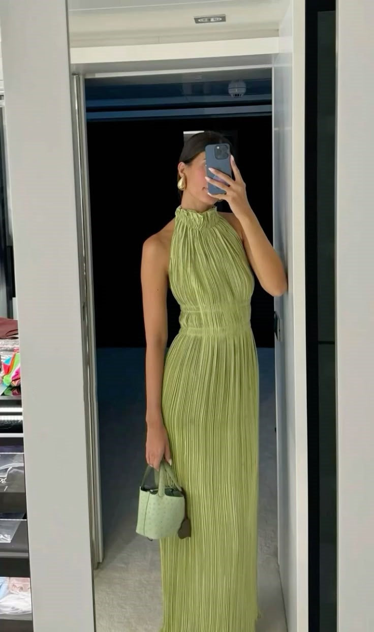 Sexy A line High Neck Sage Green Chiffon Prom Dresses Formal Summer Wedding Guest Dresses Wedding Guest Outfit W0162