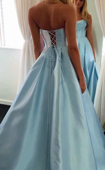 Modest A line Strapless Yellow Slit Satin 20th Birthday Dress Prom Dress 18th Birthday Outfits For Women W0170