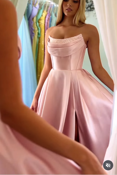 Modest A line Strapless Yellow Slit Satin 20th Birthday Dress Prom Dress 18th Birthday Outfits For Women W0170