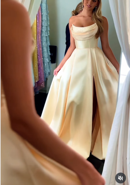 Modest A line Strapless Yellow Slit Satin 20th Birthday Dress Prom Dress 18th Birthday Outfits For Women W0170