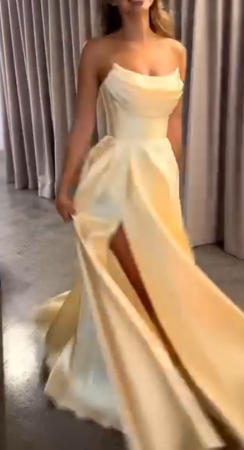 Modest A line Strapless Yellow Slit Satin 20th Birthday Dress Prom Dress 18th Birthday Outfits For Women W0170