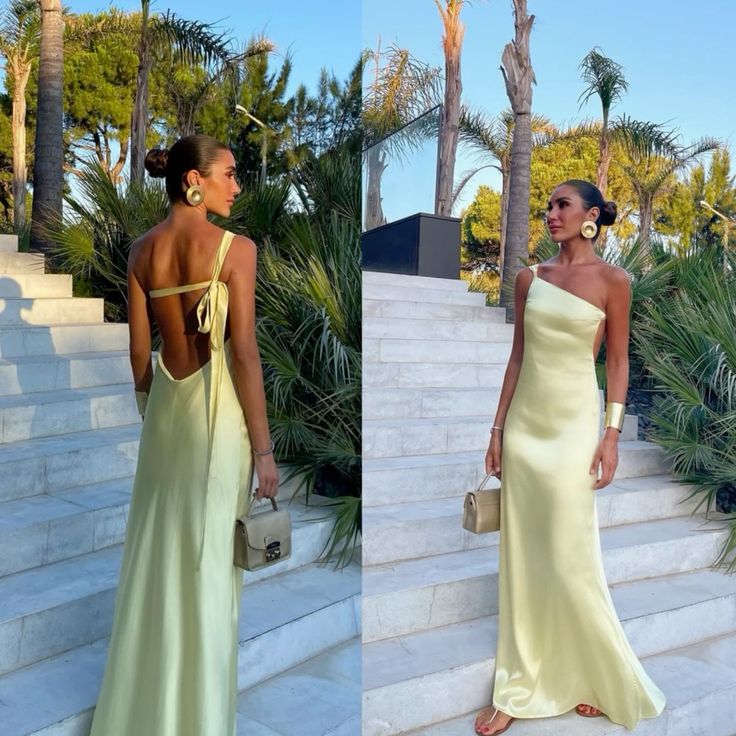 Robe de bal longue et sexy, asymétrique, jaune, dos nu, tenue d'invitée de mariage, tenue d'été formelle, W0172