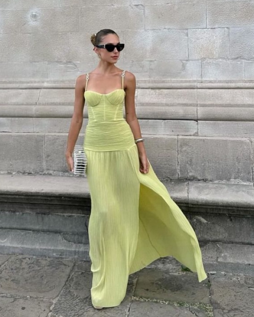 Schlichte A-Linie Spaghettiträger Grüne Ballkleider Formale Sommer Frühling Schlitz Hochzeitsgastkleider Hochzeitsgast-Outfit W0179