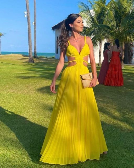 Edle A-Linie Spaghettiträger Gelb Chiffon Ballkleider Formale Sommerkleider für Hochzeitsgäste Hochzeitsgast-Outfit W0226