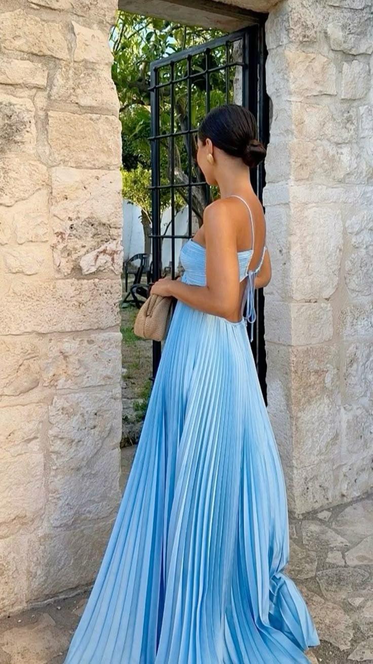 Elegante A-Linie Spaghettiträger Blau Chiffon Lange Ballkleider Formale Sommerkleider für Hochzeitsgäste Hochzeitsgast-Outfit W0258