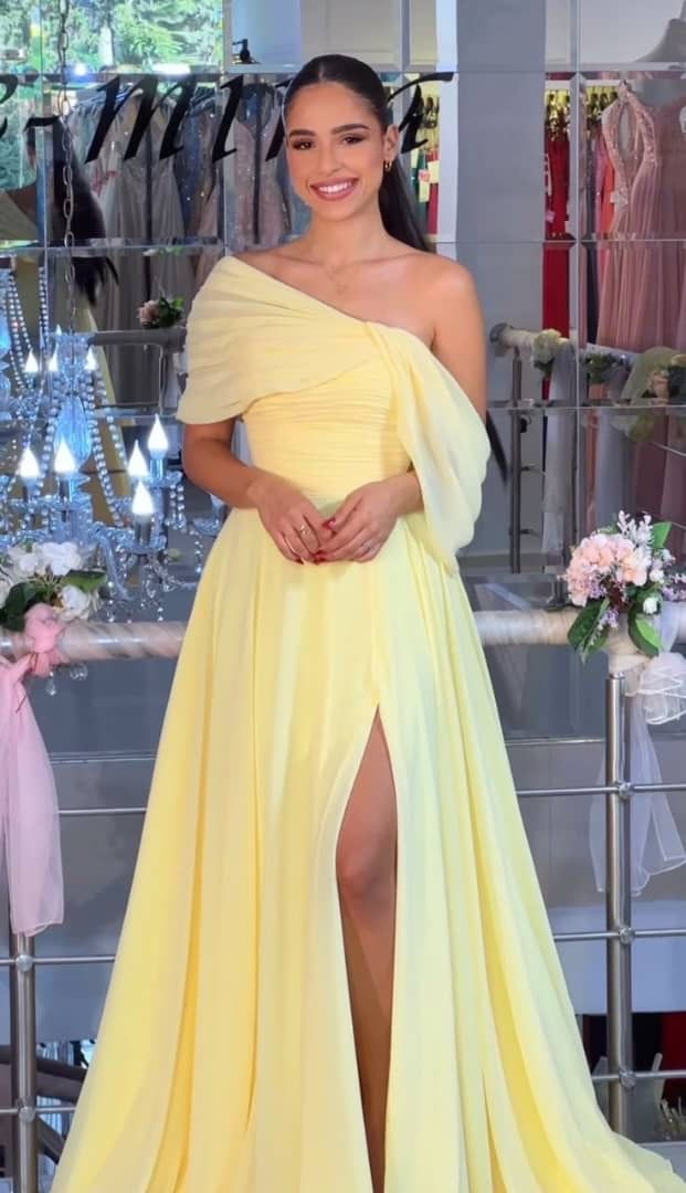 Robe de bal longue en mousseline jaune, élégante, asymétrique, ligne A, robe formelle d'été pour invités de mariage, tenue d'invité de mariage W0274