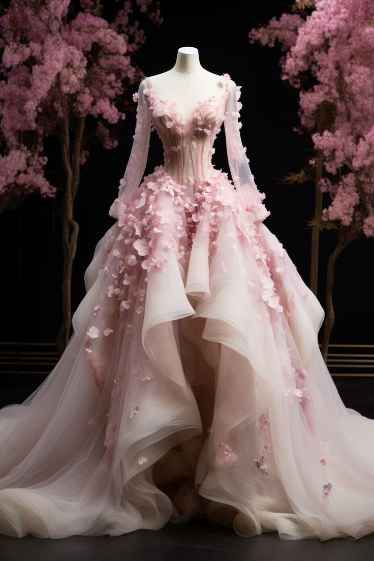 Pretty Ball Gown Sweetheart Pink Flowers Long Sleeves Quinceanera Dresses Sweet 16 Dress Formal Vestido De 15 Anos W0287
