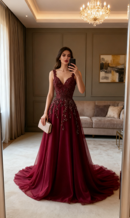 Modest A line Straps Burgundy Tulle Long Formal Gown 23rd Birthday Dress Prom Dresses 20th Birthday Outfits W0311