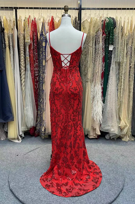 Modest Sheath Spaghetti Straps Red Sequin Formal Gown 20th Birthday Dress Prom Dresses 18th Birthday Outfits W0341