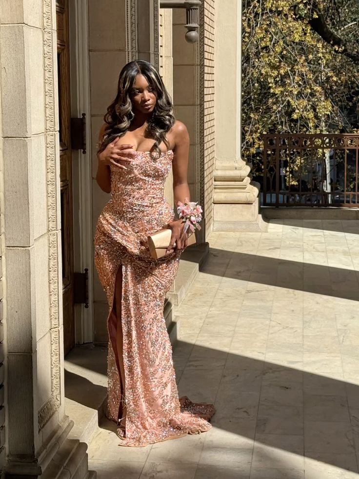 Modest Sheath Strapless Blush Pink Slit Sequin Formal Gown 23rd Birthday Dress Prom Dresses 20th Birthday Outfits W0353