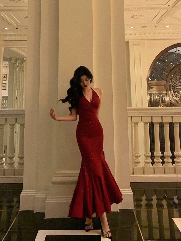 Sexy Mermaid Halter Red Sequin Sleeveless Prom Dresses Party Dress Summer Birthday Outfits 20th Birthday Dresses W818