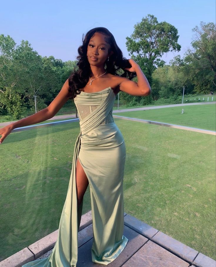 Classy Mermaid Strapless Black Girls Satin Long Prom Dresses Party Dress Birthday Outfits Graduation Dresses W0510