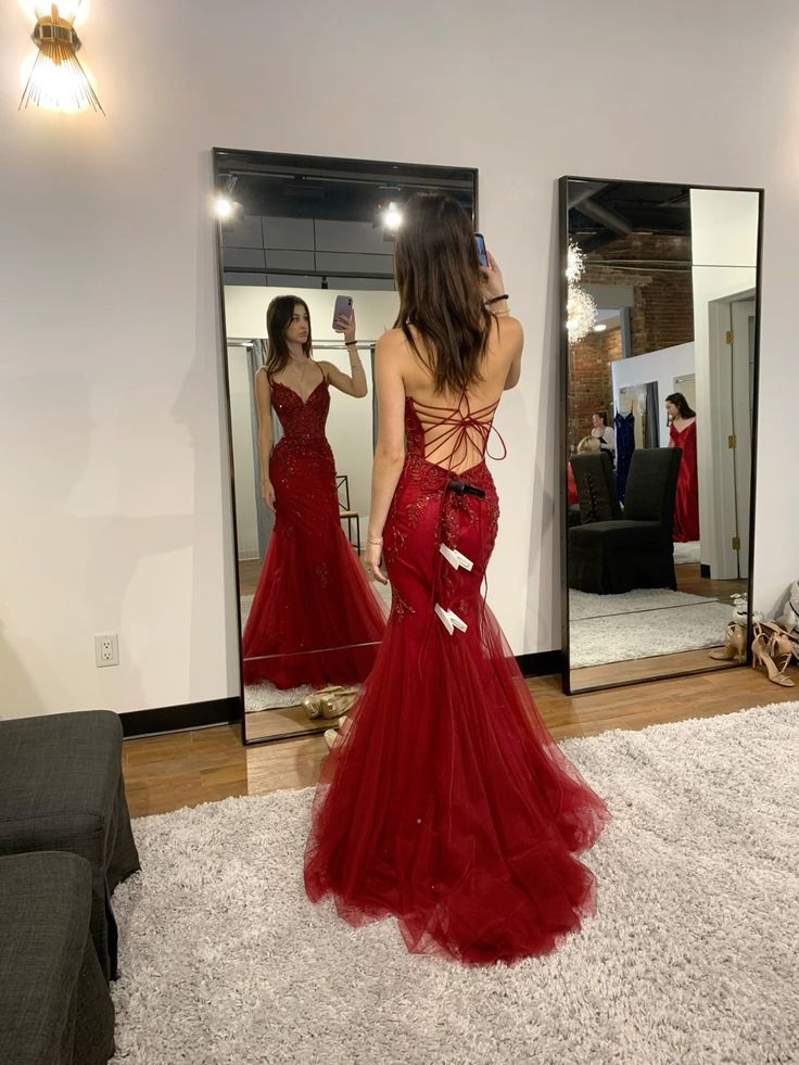 Classy Mermaid Straps Red Tulle Backless Long Prom Dresses Party Dress DivineProm Classy Mermaid Straps Red Tulle Backless Long Prom Dresses Party Dress DivineProm