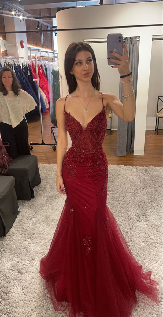 Robe de bal longue dos nu en tulle rouge, élégante, à bretelles sirène, tenue de soirée, d'anniversaire, de remise de diplôme, W0513