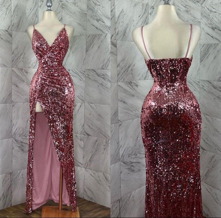 Classy Mermaid Spaghetti Straps Rose Pink Sequin High Slit Long Prom Dresses Party Dress Birthday Outfits Graduation Dresses W0578