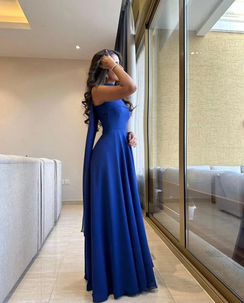 Classy A line Strapless Royal Blue Chiffon Long Prom Gown Summer Wedding Guest Dress Bridal Guest Dresses Wedding Outfits For Guest W0653