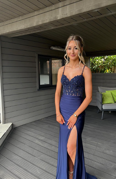 Classy Mermaid Spaghetti Straps Navy Blue Slit Long Prom Dresses Formal Gown Summer Wedding Guest Dress Wedding Outfits For Guest W0658