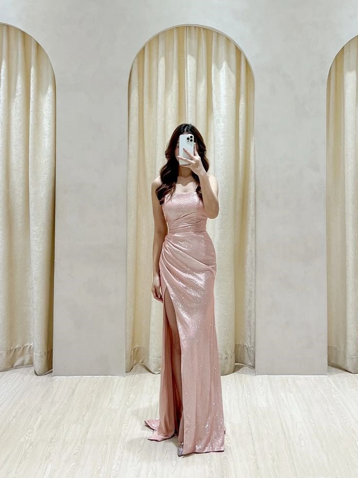 Classy Sheath Strapless Sequin Pink Slit Long Prom Gown Summer Wedding Guest Dress Bridal Guest Dresses Wedding Outfits For Guest W0670